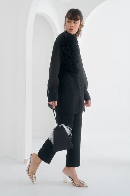 Pleats By Aruni_Black Chanderi, Cotton Yasmin Solid Pant_at_Aza_Fashions