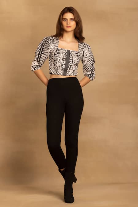 REENA SHARMA White 100% Cotton Twill Printed Abstract Square Nikita Crop Top 