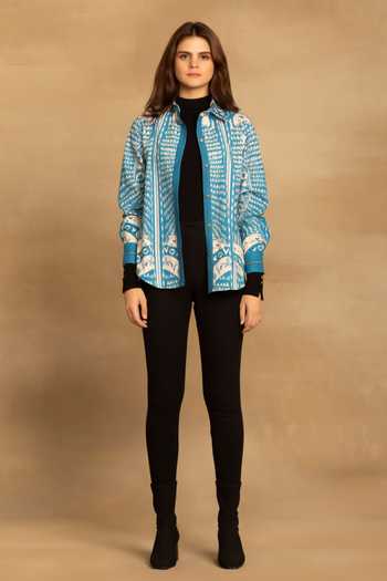 Reena Sharma_Blue Cotton Collared Samira Geometric Print Shirt _Online_at_Aza_Fashions