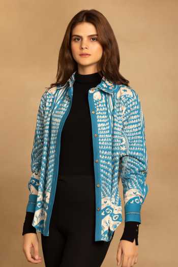 Buy_Reena Sharma_Blue Cotton Collared Samira Geometric Print Shirt _Online_at_Aza_Fashions