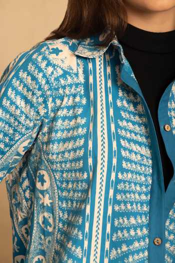 Shop_Reena Sharma_Blue Cotton Collared Samira Geometric Print Shirt _Online_at_Aza_Fashions
