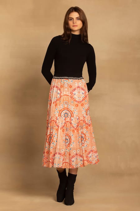 Reena Sharma Red Viscose, Georgette Samira Printed Tiered Skirt 