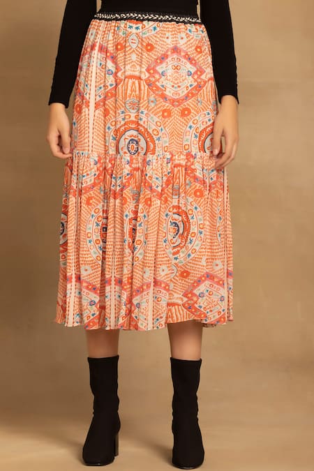 Reena Sharma Red Viscose, Georgette Samira Printed Tiered Skirt Online at Aza Fashions Reena Sharma_Red Viscose, Georgette Samira Printed Tiered Skirt _Online_at_Aza_Fashions