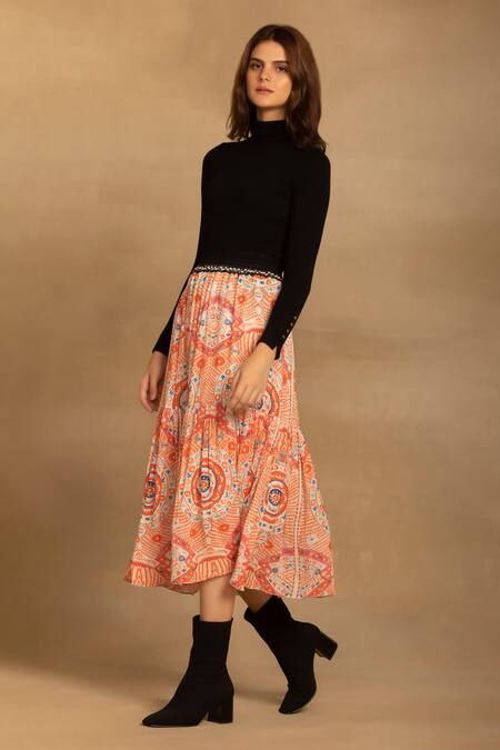 Buy Reena Sharma Red Viscose, Georgette Samira Printed Tiered Skirt Online at Aza Fashions Buy_Reena Sharma_Red Viscose, Georgette Samira Printed Tiered Skirt _Online_at_Aza_Fashions