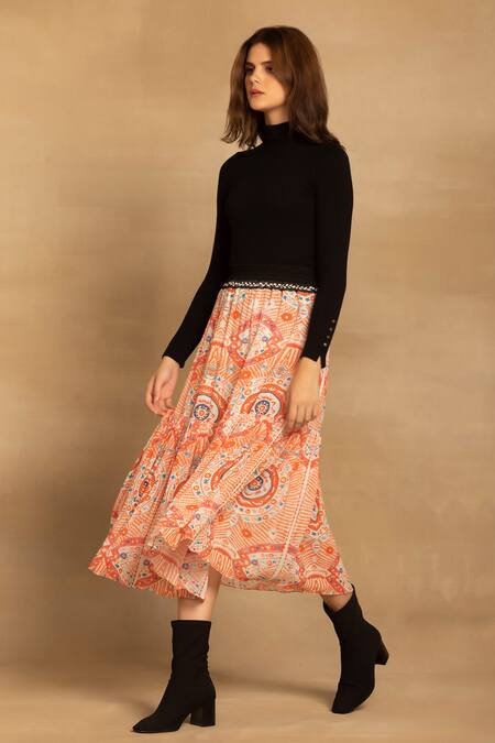 Shop Reena Sharma Red Viscose, Georgette Samira Printed Tiered Skirt Online at Aza Fashions Shop_Reena Sharma_Red Viscose, Georgette Samira Printed Tiered Skirt _Online_at_Aza_Fashions