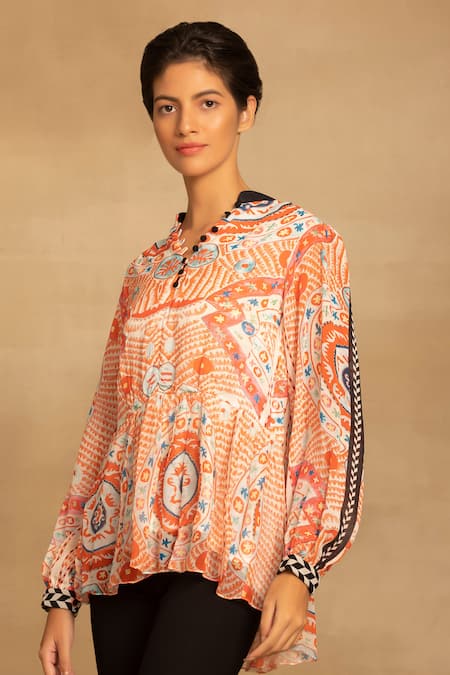 Reena Sharma_Red Viscose, Georgette Mandarin Collar Abstract Printed Peplum Top _Online_at_Aza_Fashions