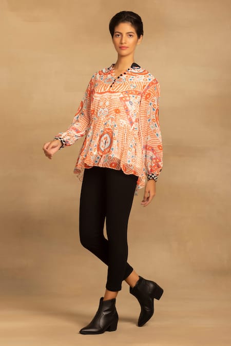Buy_Reena Sharma_Red Viscose, Georgette Mandarin Collar Abstract Printed Peplum Top _Online_at_Aza_Fashions