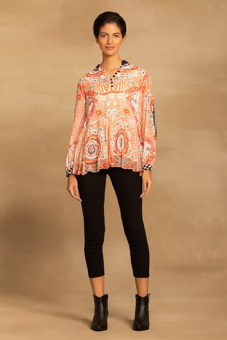 Shop_Reena Sharma_Red Viscose, Georgette Mandarin Collar Abstract Printed Peplum Top _Online_at_Aza_Fashions
