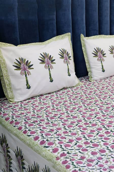 Design Gaatha Multi Color 100% Cotton Print Floral Hand Block Bed Cover Set