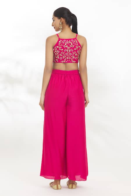 Buy_Samyukta Singhania_Pink Chanderi Silk, Chanderi, Organza Border Embroidered Shrug Flared Pant Set _Online_at_Aza_Fashions