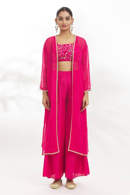 Shop_Samyukta Singhania_Pink Chanderi Silk, Chanderi, Organza Border Embroidered Shrug Flared Pant Set _Online_at_Aza_Fashions