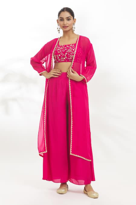 Samyukta Singhania_Pink Chanderi Silk, Chanderi, Organza Border Embroidered Shrug Flared Pant Set _at_Aza_Fashions