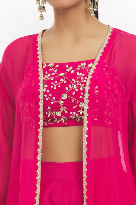 Buy_Samyukta Singhania_Pink Chanderi Silk, Chanderi, Organza Border Embroidered Shrug Flared Pant Set 
