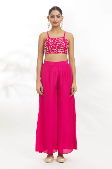 Shop_Samyukta Singhania_Pink Chanderi Silk, Chanderi, Organza Border Embroidered Shrug Flared Pant Set 