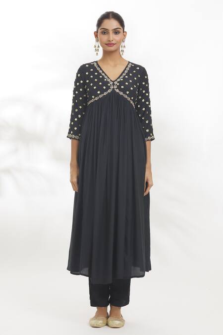 Samyukta Singhania_Black Silk, Chiffon, Cotton, Cutdana Embroidered Anarkali Set _Online_at_Aza_Fashions