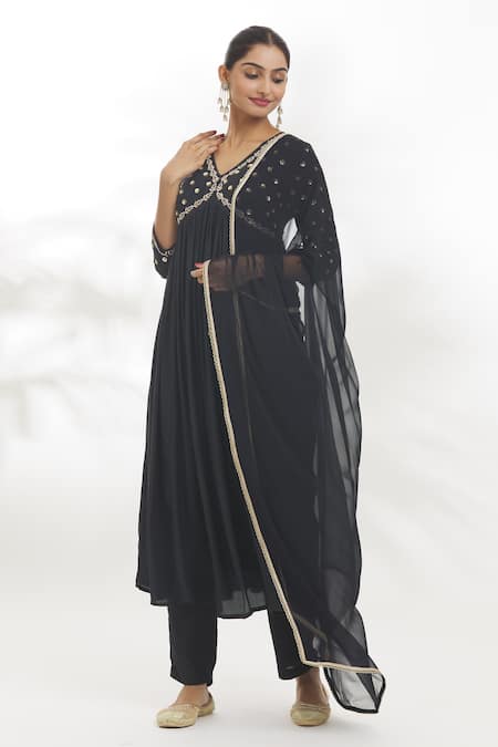 Buy_Samyukta Singhania_Black Silk, Chiffon, Cotton, Cutdana Embroidered Anarkali Set _Online_at_Aza_Fashions