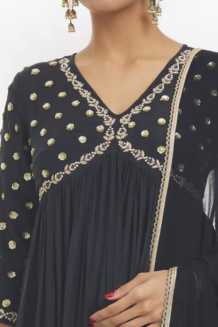 Shop_Samyukta Singhania_Black Silk, Chiffon, Cotton, Cutdana Embroidered Anarkali Set _Online_at_Aza_Fashions