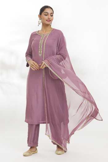 Samyukta Singhania_Purple Chanderi Silk, Chanderi, Chiffon Beads, Placement Embroidered Kurta Set _Online_at_Aza_Fashions