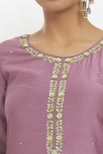 Buy_Samyukta Singhania_Purple Chanderi Silk, Chanderi, Chiffon Beads, Placement Embroidered Kurta Set _Online_at_Aza_Fashions