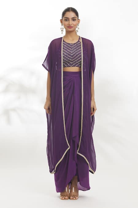 Buy_Samyukta Singhania_Purple Chanderi , Viscose, Organza, Cut Border Jacket Draped Skirt Set _Online_at_Aza_Fashions
