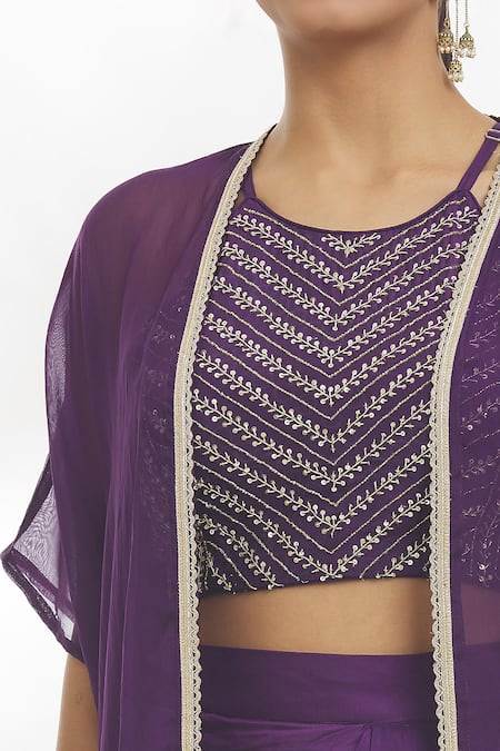 Shop_Samyukta Singhania_Purple Chanderi , Viscose, Organza, Cut Border Jacket Draped Skirt Set _Online_at_Aza_Fashions