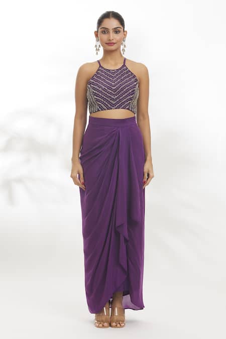 Samyukta Singhania_Purple Chanderi , Viscose, Organza, Cut Border Jacket Draped Skirt Set _at_Aza_Fashions