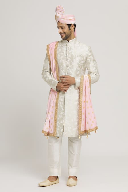 Aryavir Malhotra Pink Zari And Lace Work Paisley Embroidered Velvet Dupatta & Safa Set