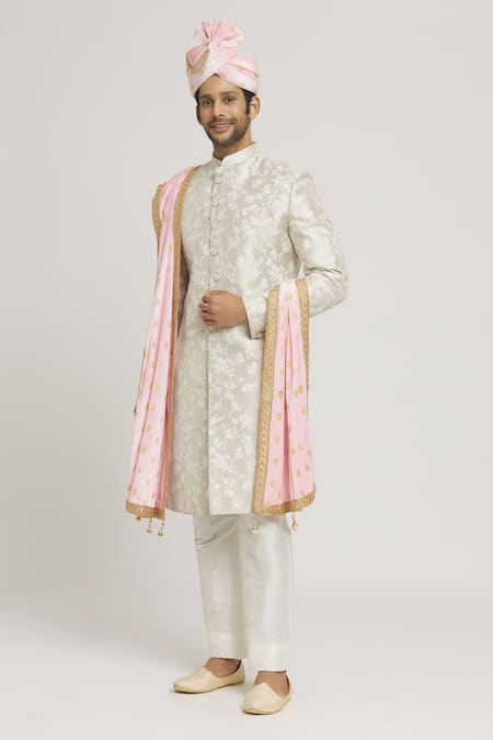 Arihant Rai Sinha_Pink Zari, Lace Paisley Embroidered Velvet Dupatta And Safa Set_Online_at_Aza_Fashions