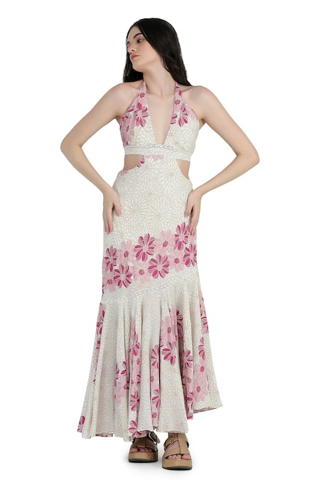 Shruti Sancheti Cream Viscose Crepe Printed Floral Plunging V Asymmetric Dress  