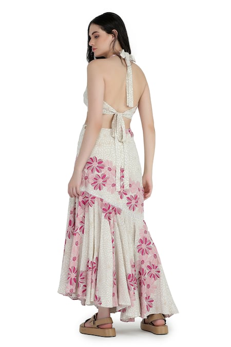 Shop_Shruti Sancheti_Cream Viscose, Crepe Plunge Neck Floral Print Asymmetric Dress _at_Aza_Fashions