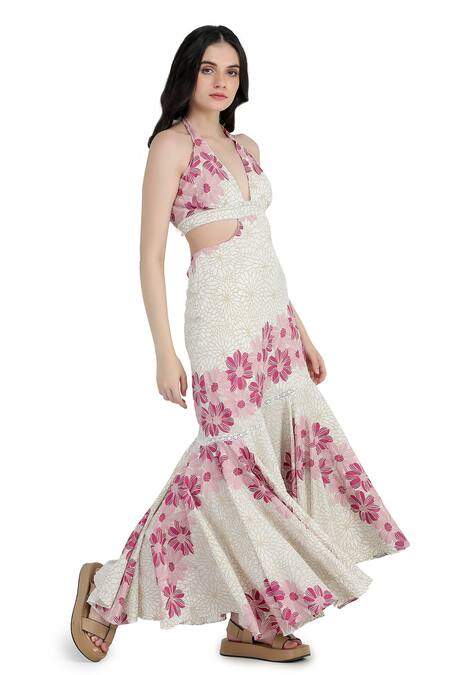 Shop_Shruti Sancheti_Cream Viscose, Crepe Plunge Neck Floral Print Asymmetric Dress _Online_at_Aza_Fashions
