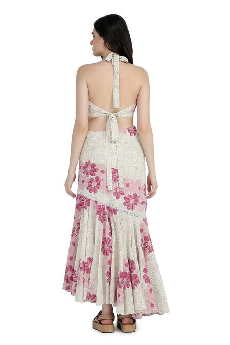 Shruti Sancheti_Cream Viscose, Crepe Plunge Neck Floral Print Asymmetric Dress _at_Aza_Fashions