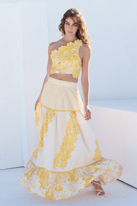 Shruti Sancheti Yellow Silk Mulmul Printed Floral And Polka Tiered Skirt Set 