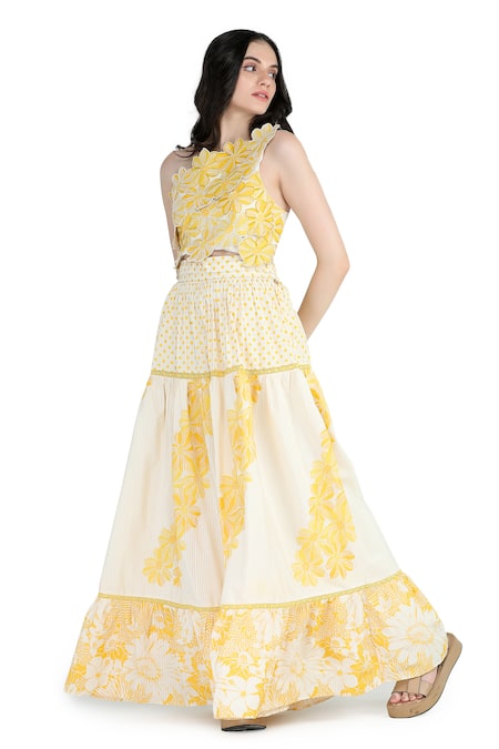 Shruti Sancheti Yellow Silk, Cotton Applique One Shoulder Floral And Polka Print Tiered Skirt Set Online at Aza Fashions Shruti Sancheti_Yellow Silk, Cotton Applique One Shoulder Floral And Polka Print Tiered Skirt Set _Online_at_Aza_Fashions