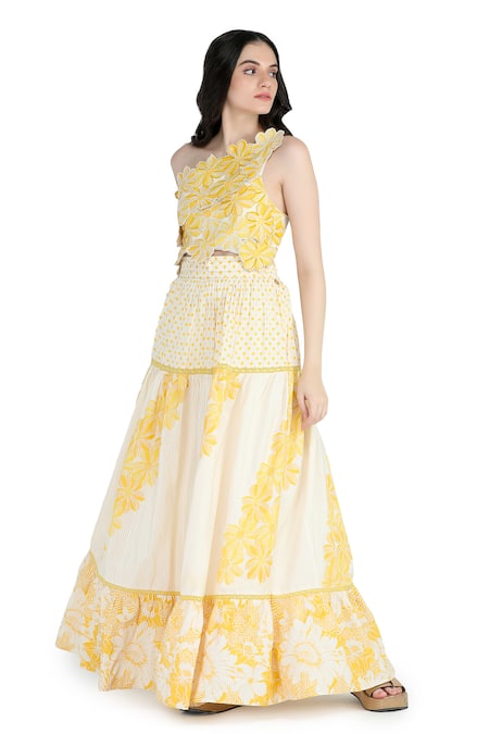 Buy Shruti Sancheti Yellow Silk, Cotton Applique One Shoulder Floral And Polka Print Tiered Skirt Set Online at Aza Fashions Buy_Shruti Sancheti_Yellow Silk, Cotton Applique One Shoulder Floral And Polka Print Tiered Skirt Set _Online_at_Aza_Fashions