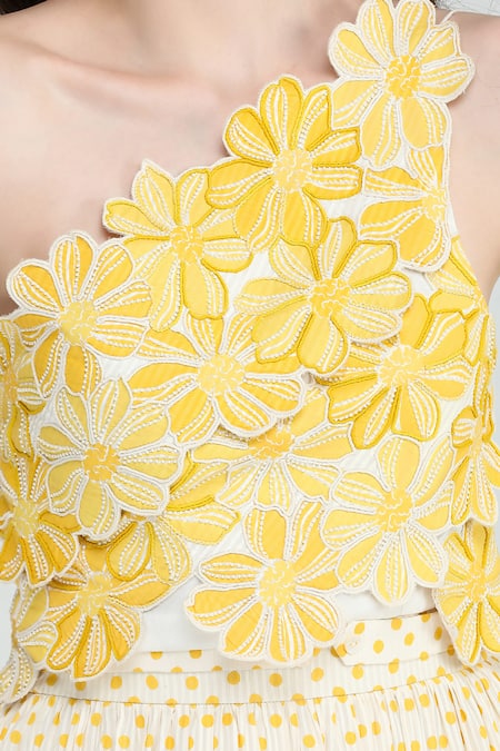 Shop Shruti Sancheti Yellow Silk, Cotton Applique One Shoulder Floral And Polka Print Tiered Skirt Set Online at Aza Fashions Shop_Shruti Sancheti_Yellow Silk, Cotton Applique One Shoulder Floral And Polka Print Tiered Skirt Set _Online_at_Aza_Fashions