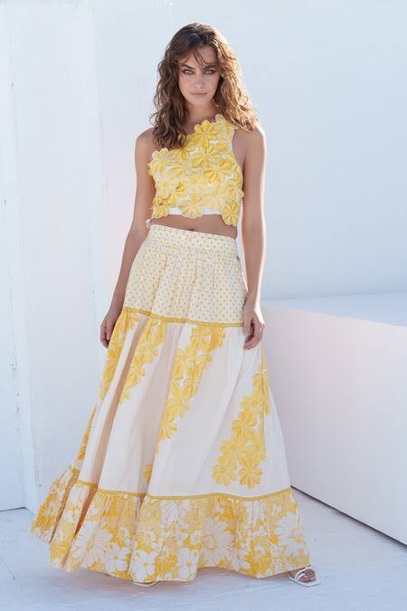 Shruti Sancheti Yellow Silk, Cotton Applique One Shoulder Floral And Polka Print Tiered Skirt Set at Aza Fashions Shruti Sancheti_Yellow Silk, Cotton Applique One Shoulder Floral And Polka Print Tiered Skirt Set _at_Aza_Fashions