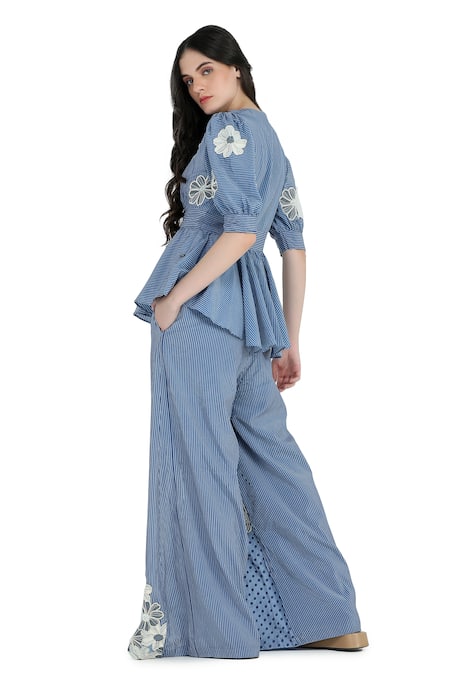 Shop Shruti Sancheti Blue Viscose, Crepe Embroidery V-neck Floral Peplum Top And Pant Set at Aza Fashions Shop_Shruti Sancheti_Blue Viscose, Crepe Embroidery V-neck Floral Peplum Top And Pant Set _at_Aza_Fashions