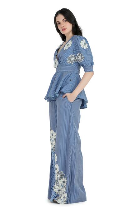 Shruti Sancheti Blue Viscose, Crepe Embroidery V-neck Floral Peplum Top And Pant Set Online at Aza Fashions Shruti Sancheti_Blue Viscose, Crepe Embroidery V-neck Floral Peplum Top And Pant Set _Online_at_Aza_Fashions