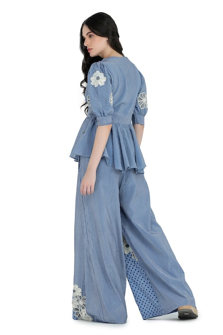 Buy Shruti Sancheti Blue Viscose, Crepe Embroidery V-neck Floral Peplum Top And Pant Set Online at Aza Fashions Buy_Shruti Sancheti_Blue Viscose, Crepe Embroidery V-neck Floral Peplum Top And Pant Set _Online_at_Aza_Fashions