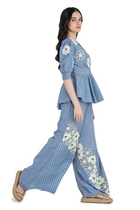 Shop Shruti Sancheti Blue Viscose, Crepe Embroidery V-neck Floral Peplum Top And Pant Set Online at Aza Fashions Shop_Shruti Sancheti_Blue Viscose, Crepe Embroidery V-neck Floral Peplum Top And Pant Set _Online_at_Aza_Fashions