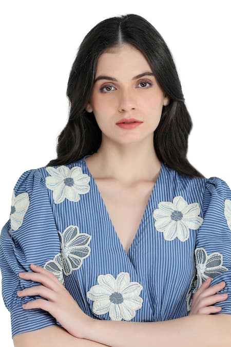 Shruti Sancheti Blue Viscose, Crepe Embroidery V-neck Floral Peplum Top And Pant Set at Aza Fashions Shruti Sancheti_Blue Viscose, Crepe Embroidery V-neck Floral Peplum Top And Pant Set _at_Aza_Fashions