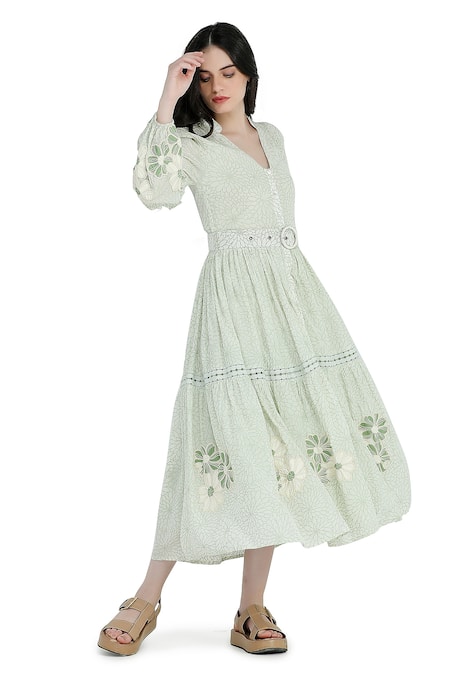 Shop Shruti Sancheti Green Viscose, Cotton Pearls, Embroidery Floral Print Tiered Dress With Belt at Aza Fashions Shop_Shruti Sancheti_Green Viscose, Cotton Pearls, Embroidery Floral Print Tiered Dress With Belt _at_Aza_Fashions