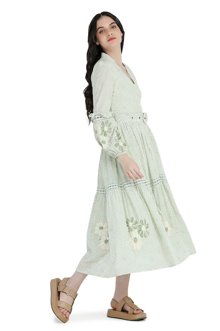 Shruti Sancheti Green Viscose, Cotton Pearls, Embroidery Floral Print Tiered Dress With Belt Online at Aza Fashions Shruti Sancheti_Green Viscose, Cotton Pearls, Embroidery Floral Print Tiered Dress With Belt _Online_at_Aza_Fashions