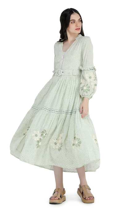 Buy Shruti Sancheti Green Viscose, Cotton Pearls, Embroidery Floral Print Tiered Dress With Belt Online at Aza Fashions Buy_Shruti Sancheti_Green Viscose, Cotton Pearls, Embroidery Floral Print Tiered Dress With Belt _Online_at_Aza_Fashions