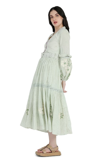 Shop Shruti Sancheti Green Viscose, Cotton Pearls, Embroidery Floral Print Tiered Dress With Belt Online at Aza Fashions Shop_Shruti Sancheti_Green Viscose, Cotton Pearls, Embroidery Floral Print Tiered Dress With Belt _Online_at_Aza_Fashions