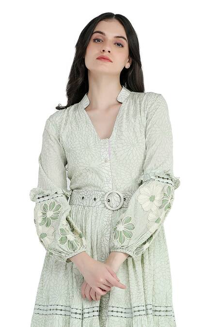 Shruti Sancheti Green Viscose, Cotton Pearls, Embroidery Floral Print Tiered Dress With Belt at Aza Fashions Shruti Sancheti_Green Viscose, Cotton Pearls, Embroidery Floral Print Tiered Dress With Belt _at_Aza_Fashions