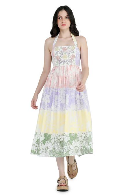 Shruti Sancheti White Viscose Crepe Printed Floral And Gathered Embroidered Midi Dress  