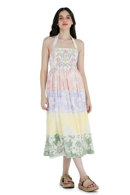 Shruti Sancheti White Viscose, Crepe, Linen Embroidery, Beads Printed And Gathered Midi Dress Online at Aza Fashions Shruti Sancheti_White Viscose, Crepe, Linen Embroidery, Beads Printed And Gathered Midi Dress _Online_at_Aza_Fashions