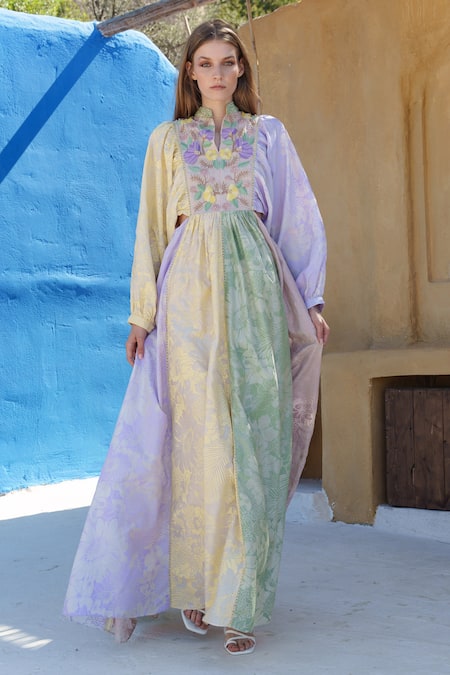 Shruti Sancheti Multi Color Silk Mulmul Printed Blocked Embroidered Maxi Dress 